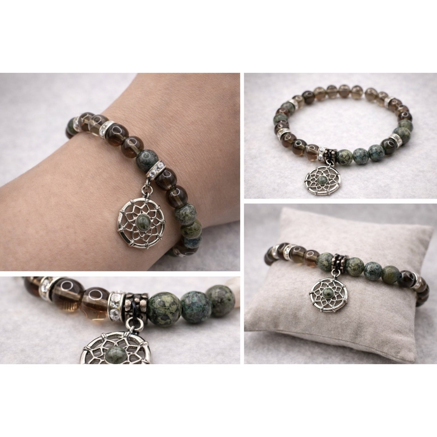 African Turquoise Jasper and Smoky Quartz with Dreamcatcher charm