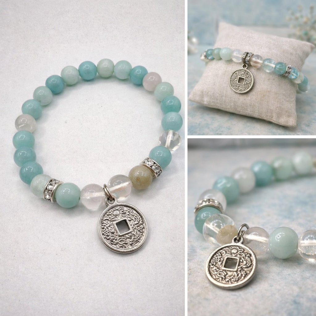 Amazonite and quartz bracelet with chinese coin