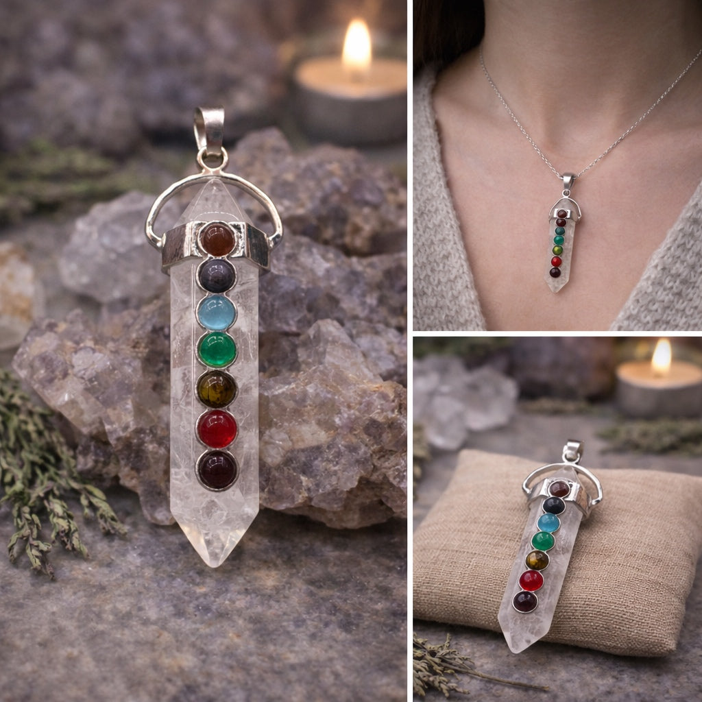 Quartz Point Pendant Chakra Stone Inlay Witchy Boho Crystal Statement Jewelry