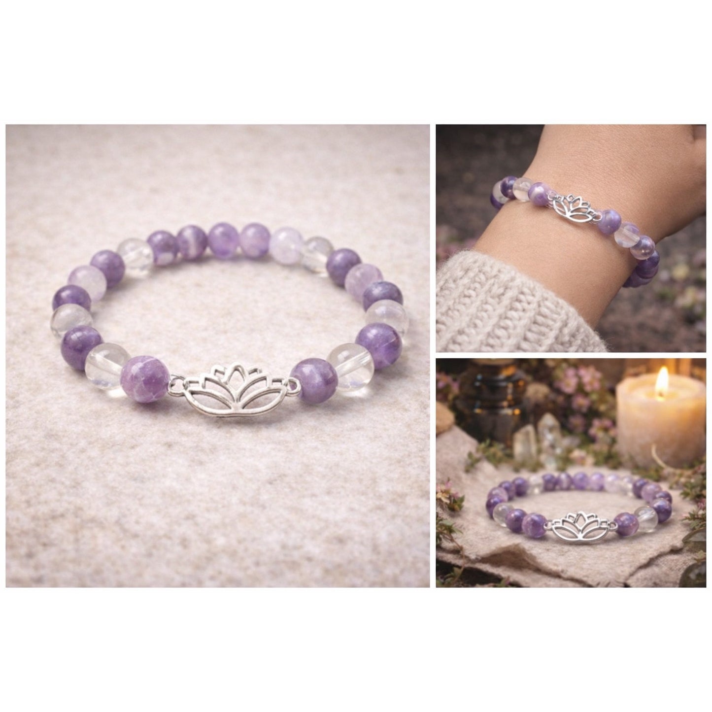 Chevron Amethyst Quartz Bracelet Lotus Charm Boho Witchy Apothecary Crystal