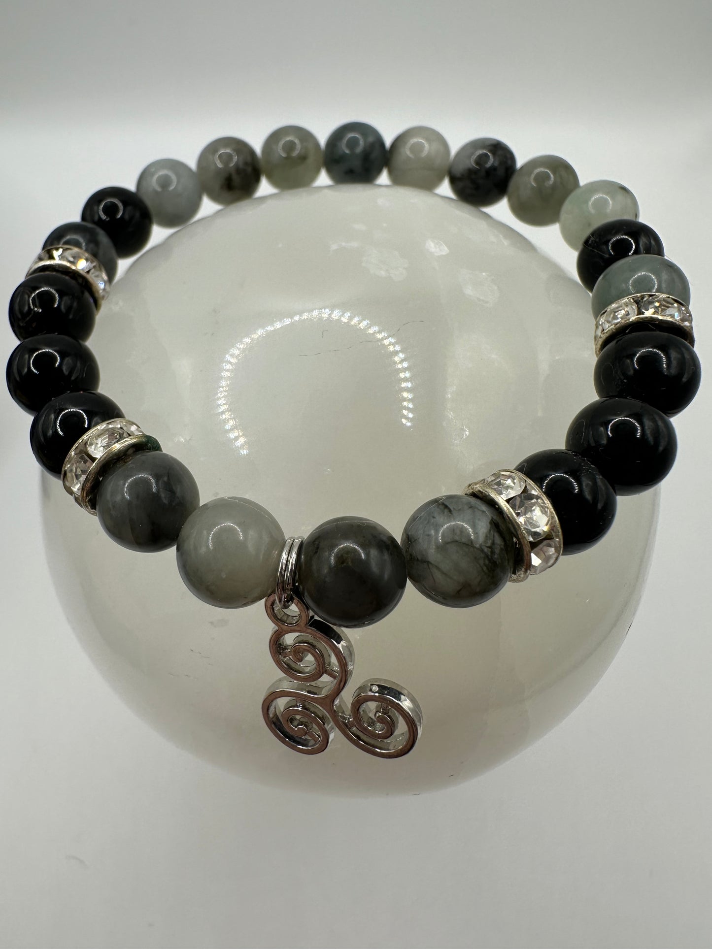 Black Tourmaline Emerald Bracelet Triskel Charm Witchy Boho Celtic Jewelry