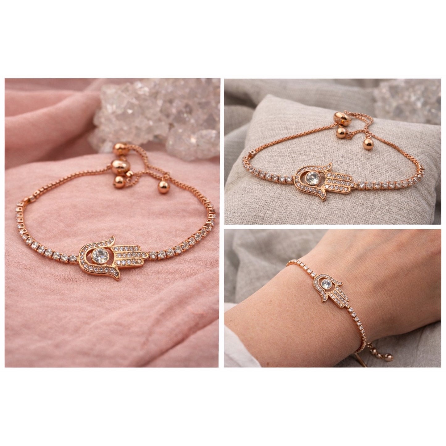 Rose Gold Hamsa Hand Tennis Bracelet | Boho Witchy Protection Symbol Jewelry