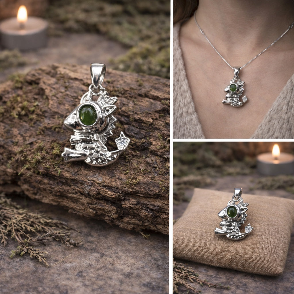 Peridot Dragon Pendant | Fantasy Dinosaur Charm Silver Tone