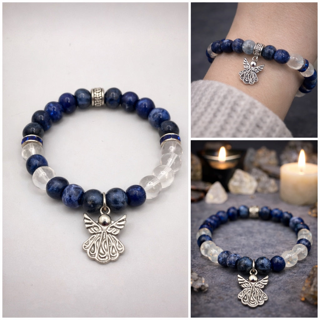 Sodalite and quartz bracelet with angel charm