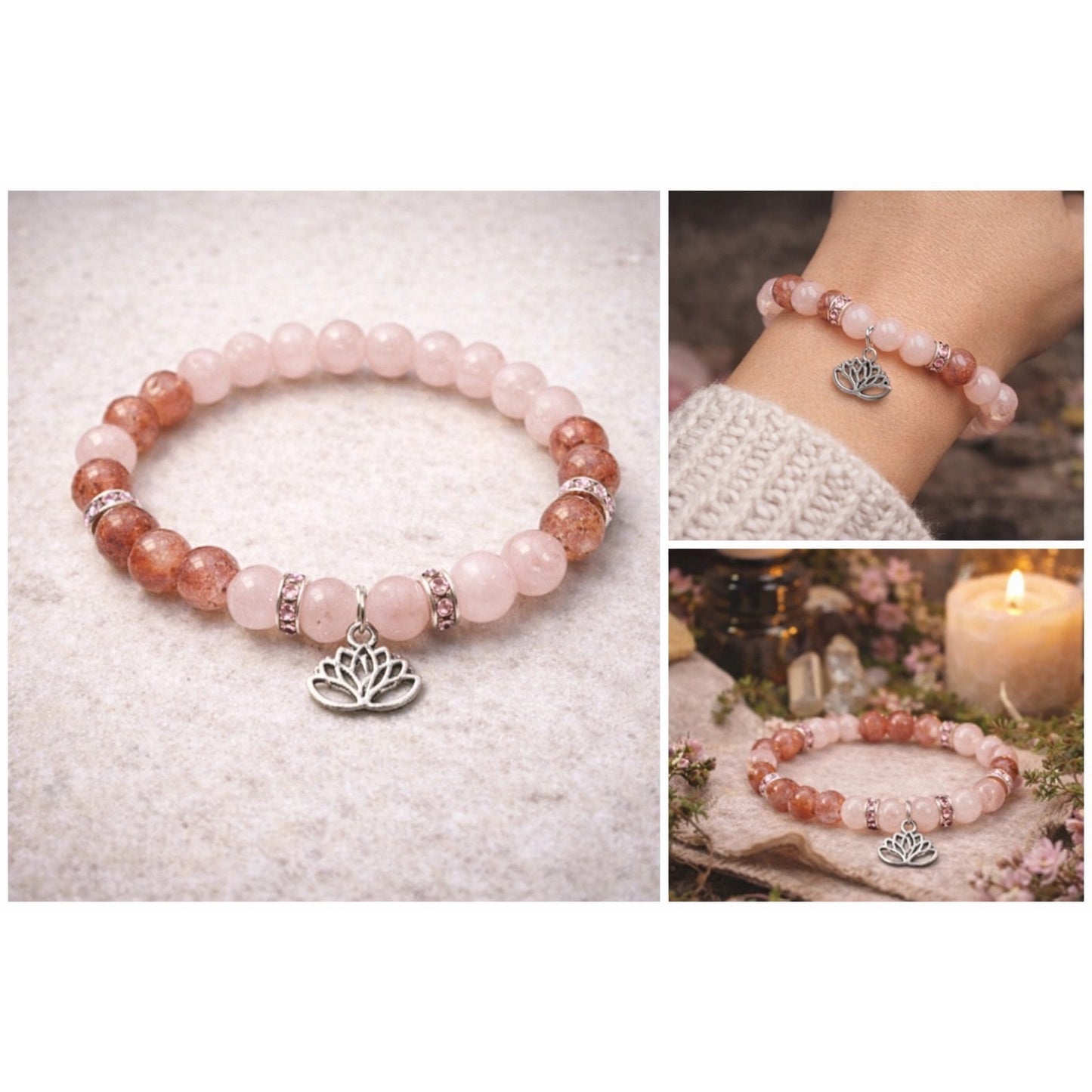 Strawberry and Rose Quartz Lotus Bracelet Boho Witchy Crystal Jewelry