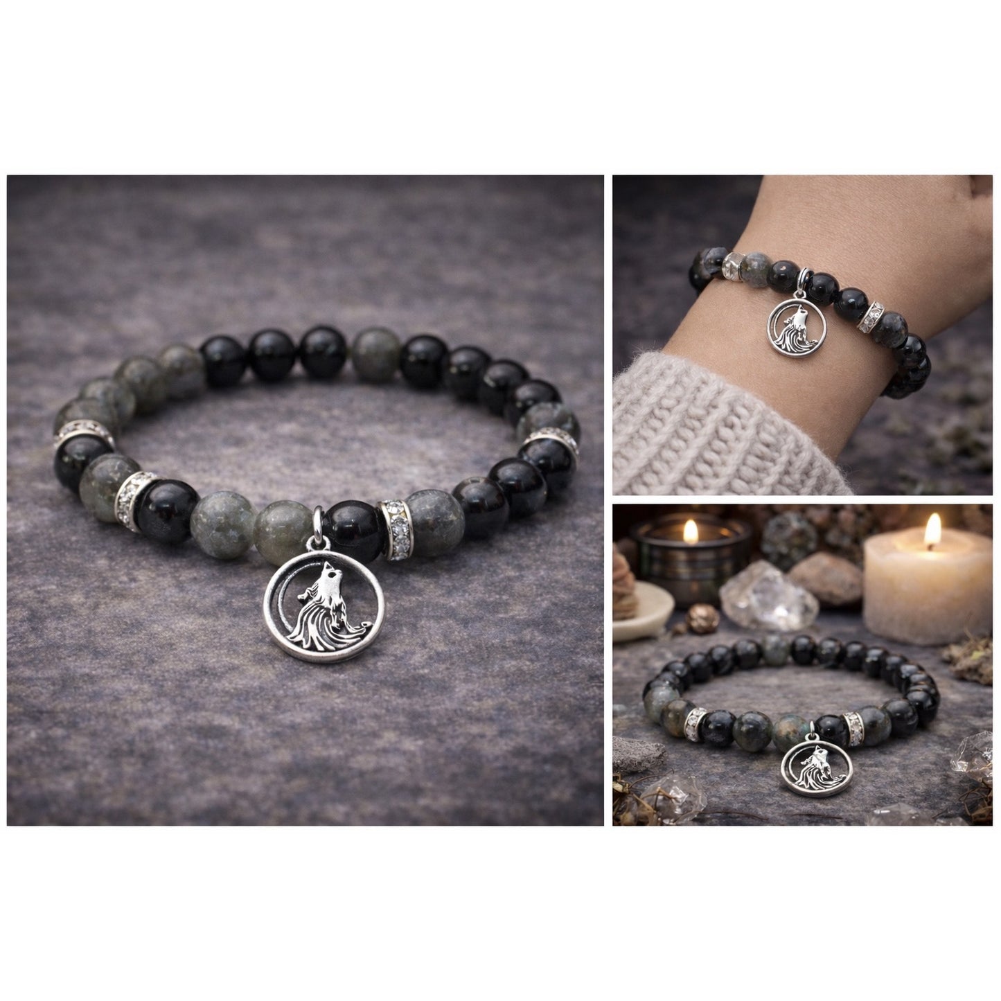 Labradorite Black Tourmaline Bracelet Wolf Charm Witchy Boho Apothecary