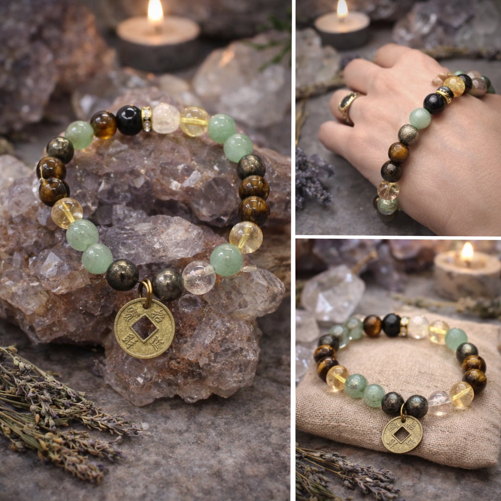 Prosperity Gemstone Bracelet | Aventurine Tiger Eye Pyrite Feng Shui Coin