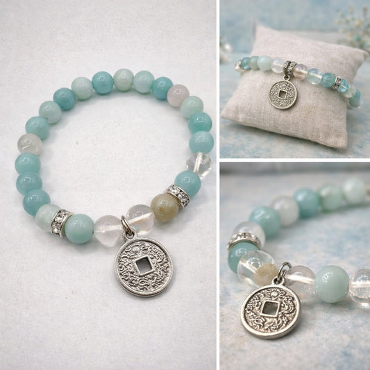 Amazonite and quartz bracelet with chinese coin