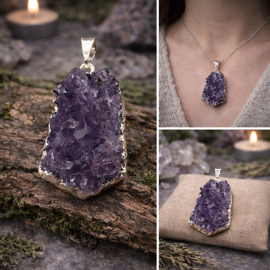 Amethyst Cluster Pendant | Boho Witchy Cottagecore Raw Crystal Necklace