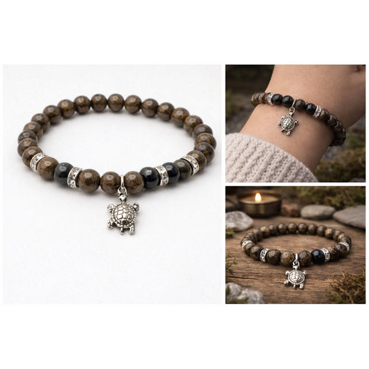Bronzite and Rainbow Obsidian Bracelet with turtle charm