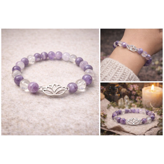 Chevron Amethyst Quartz Bracelet Lotus Charm Boho Witchy Apothecary Crystal