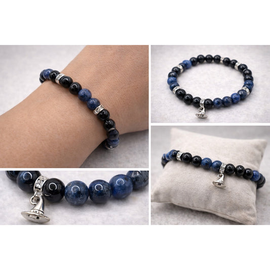 Dumortierite and tourmaline bracelet with witches hat charm
