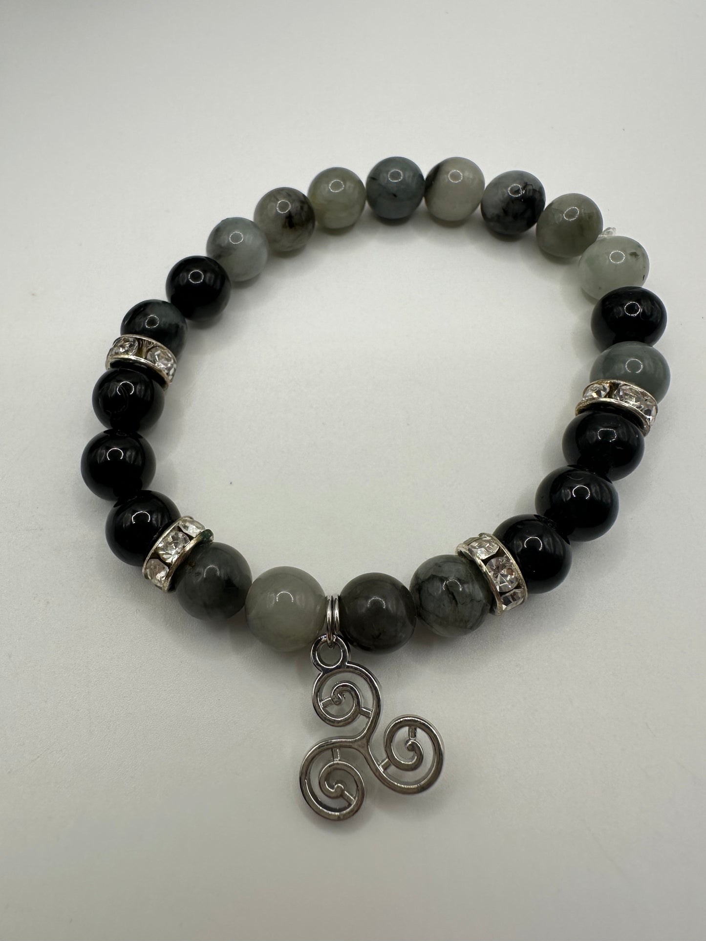 Black Tourmaline Emerald Bracelet Triskel Charm Witchy Boho Celtic Jewelry