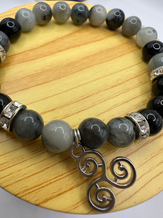 Black Tourmaline Emerald Bracelet Triskel Charm Witchy Boho Celtic Jewelry