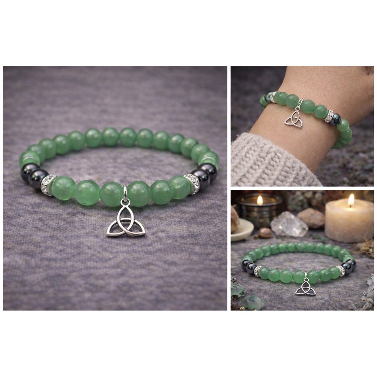 Green Aventurine Hematite Bracelet Triquetra Charm Witchy Boho Apothecary