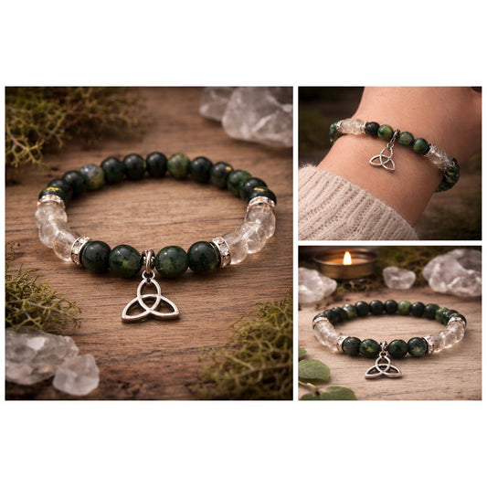 Green Moss Agate Quartz Bracelet Triquetra Charm Witchy Boho Apothecary