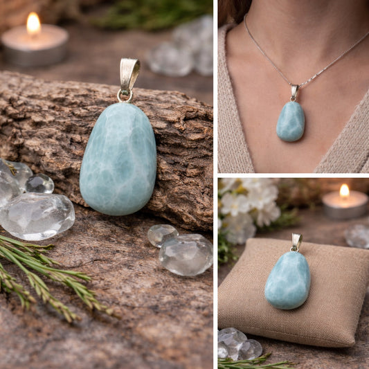 Larimar Tumbled Pendant | Ocean Blue Boho Cottagecore Sterling Jewelry