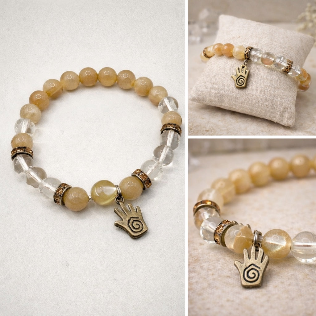 Peach Moonstone and Quartz Bracelet with Spiral hand Charm