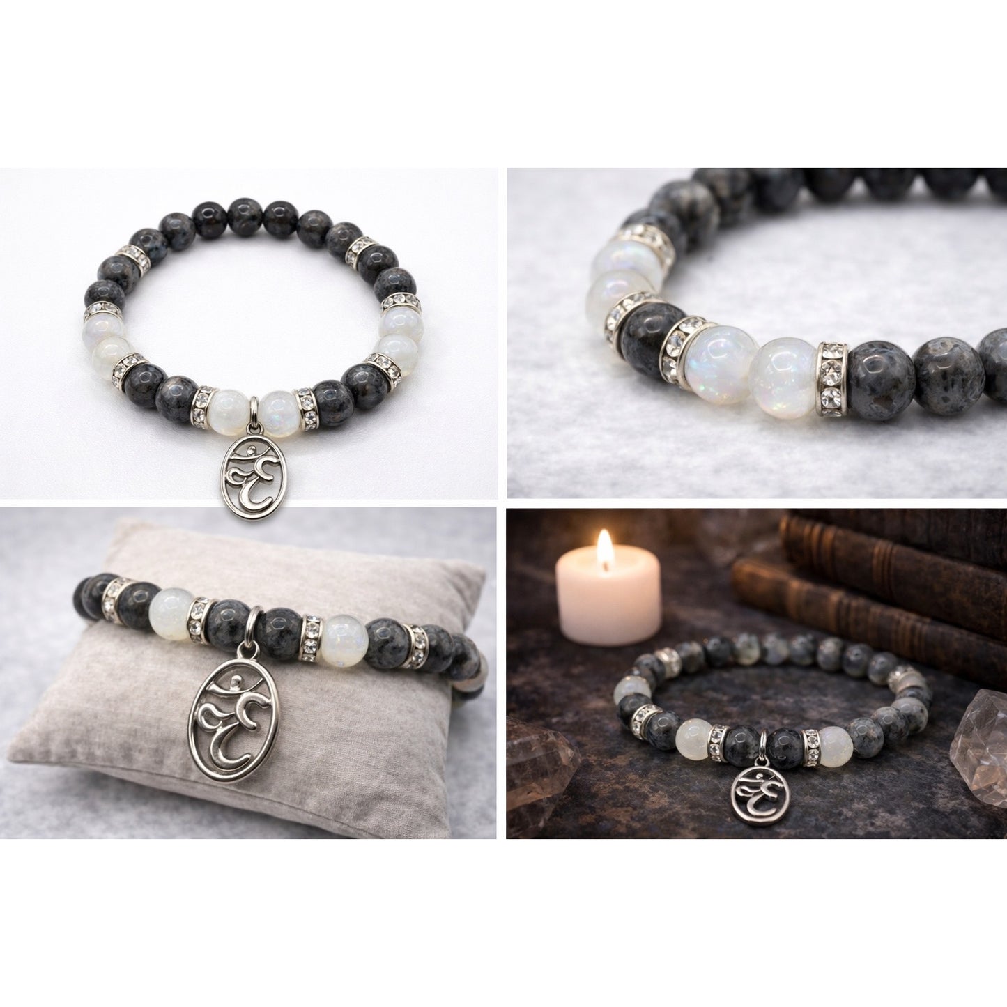 Rainbow Moonstone and Larvikite Bracelet with Om charm