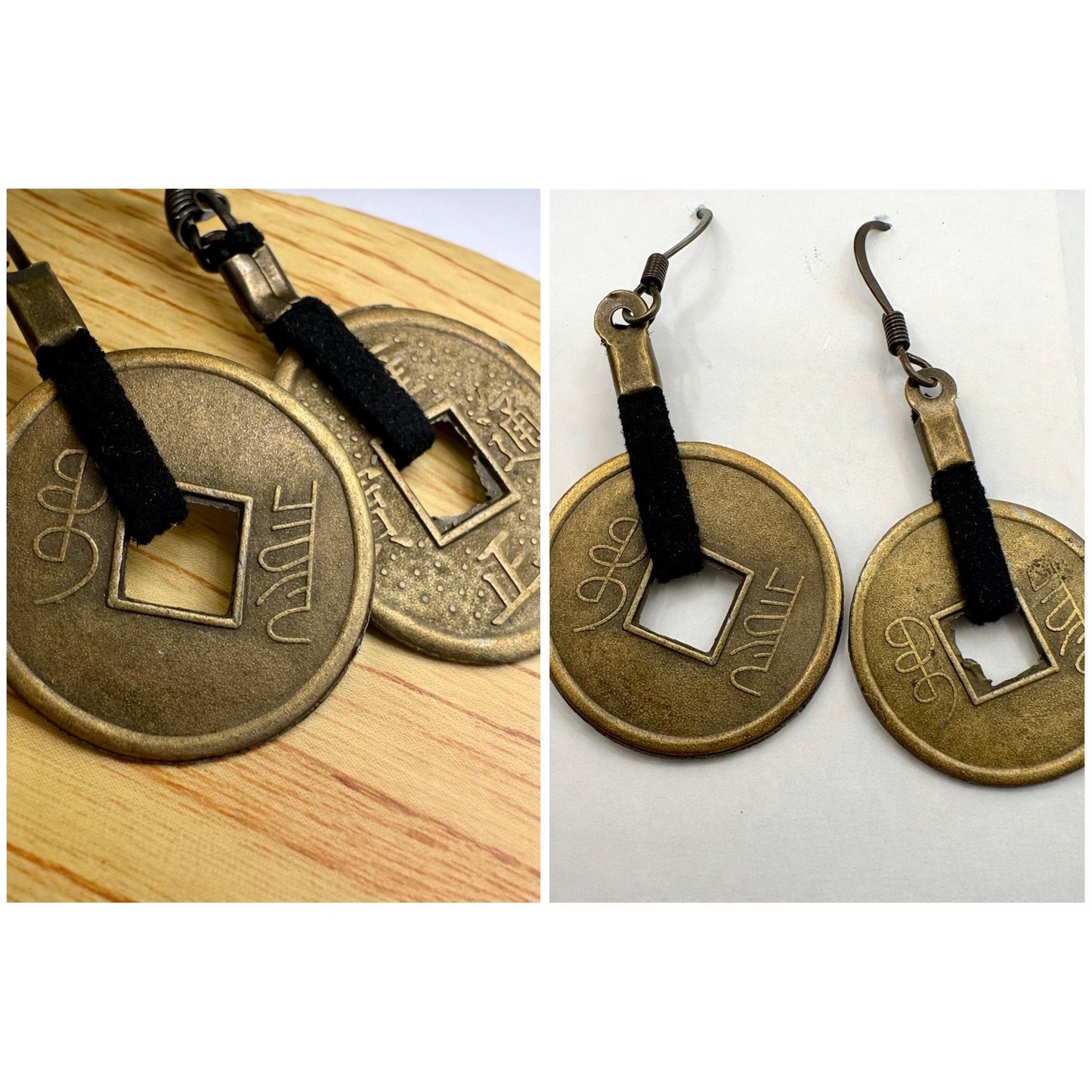 Antique Brass Chinese Coin Earrings | Boho Witchy Luck Symbol Dangle Jewelry