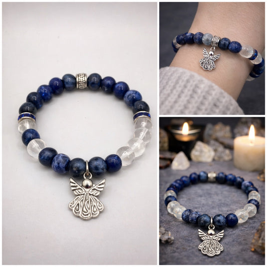Sodalite and quartz bracelet with angel charm