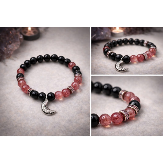 Strawberry Quartz and Rainbow Obsidian Bracelet with Moon Charm