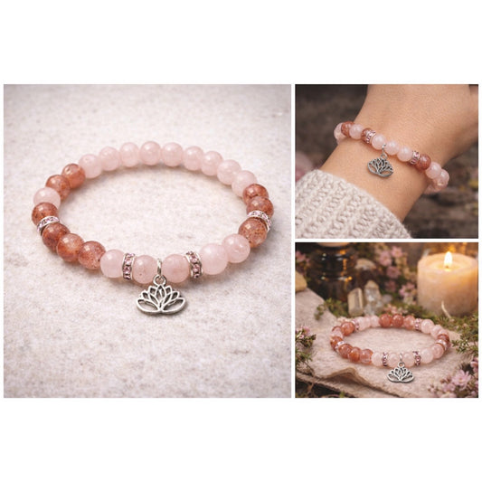 Strawberry and Rose Quartz Lotus Bracelet Boho Witchy Crystal Jewelry