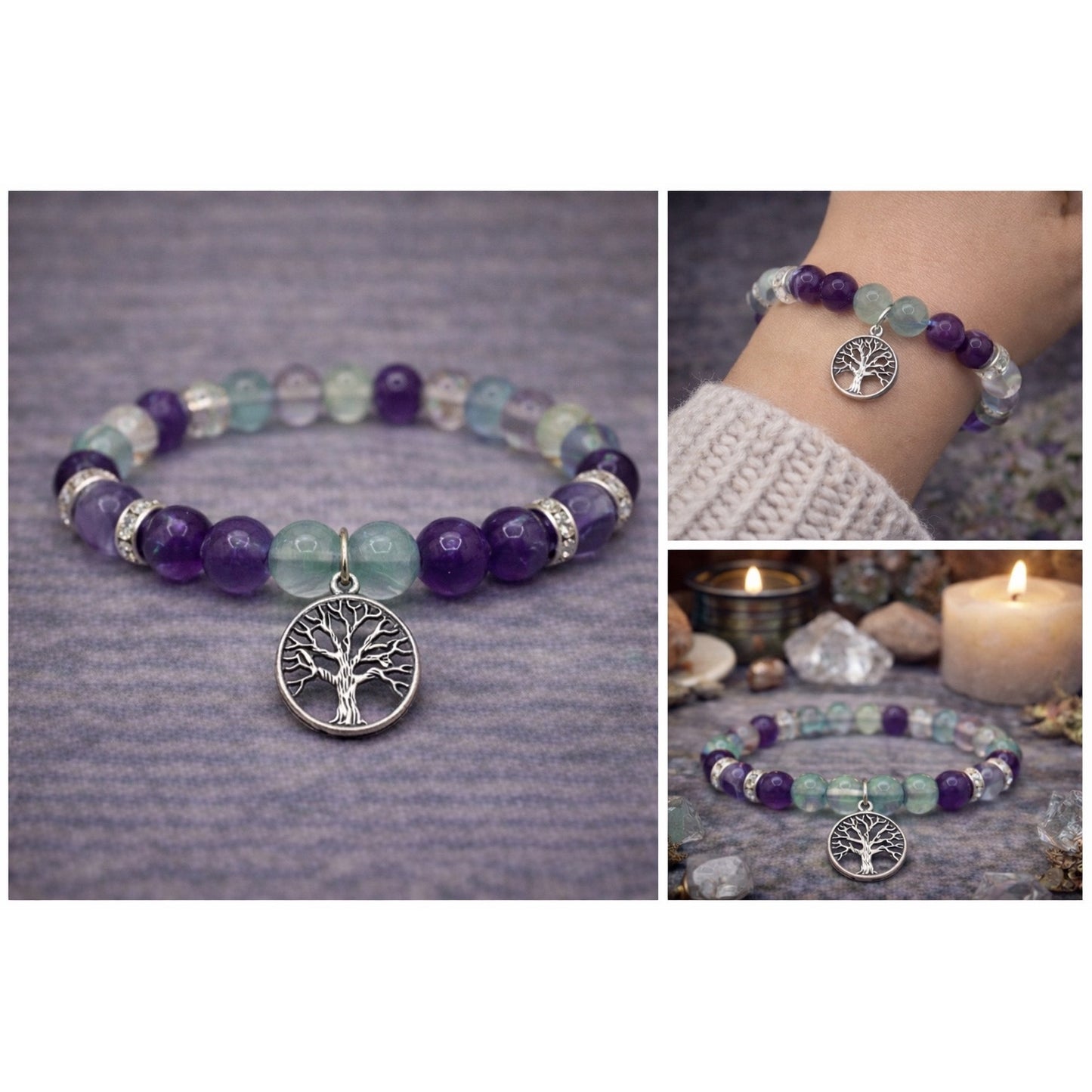 Fluorite Amethyst Bracelet Tree Charm Witchy Boho Apothecary Crystal Jewelry