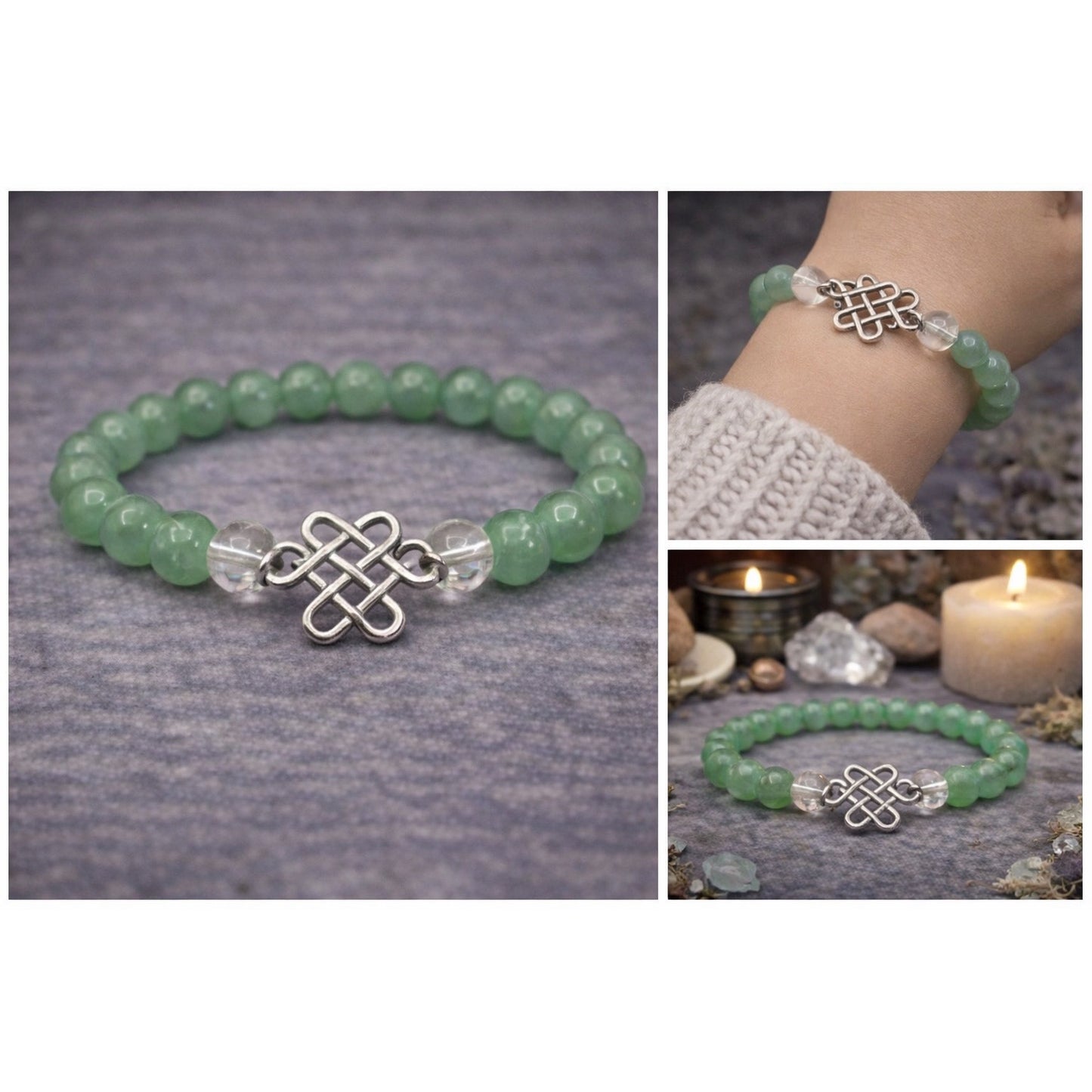 Green Aventurine and Quartz Celtic Knot Bracelet Boho Witchy Jewelry