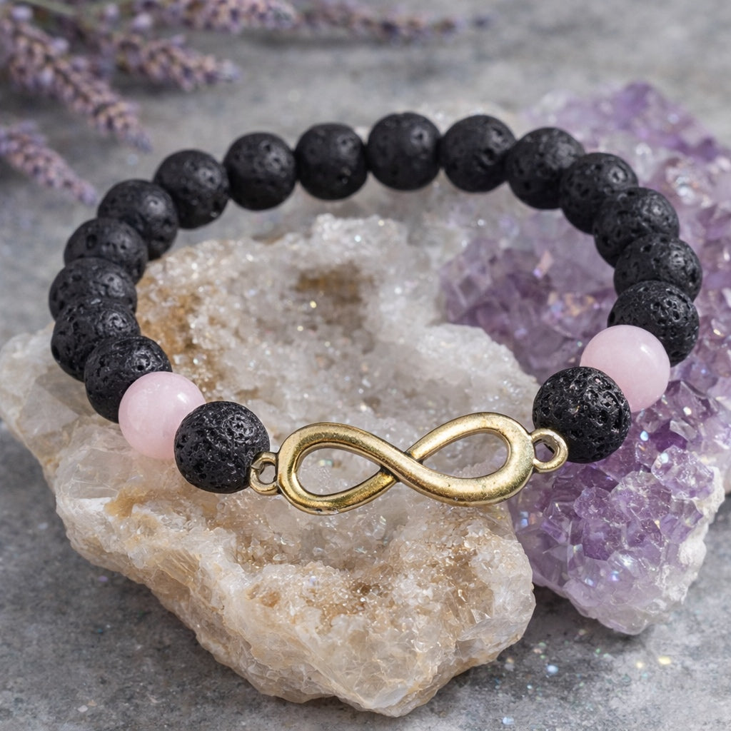 Kunzite Lava Stone Bracelet Infinity Charm Boho Witchy Apothecary